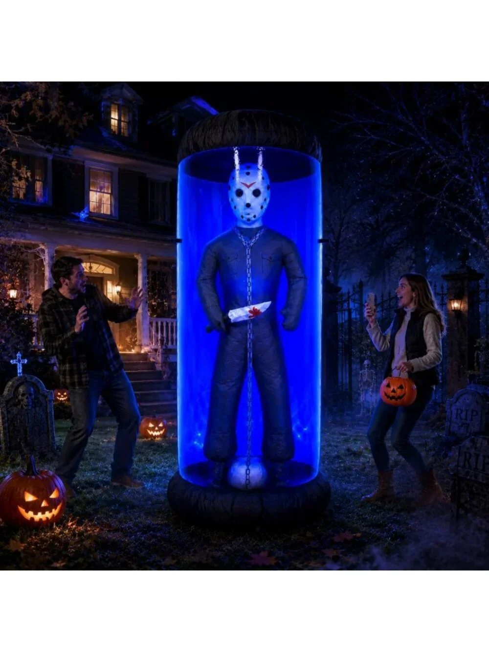 7.6FT Halloween Inflatable Yard Decor - Caged Killer with Blue LED Lights